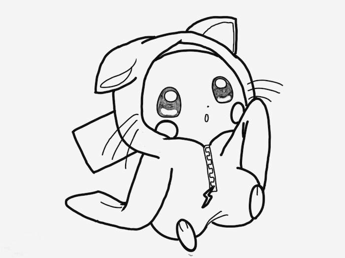 pikachu dessin facile a faire, idee dessin kawaii style graphqiue en noir et blanc en costume
