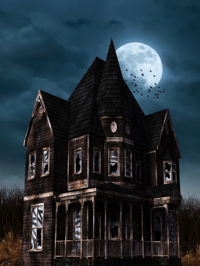 pleine-lune-illustration-digitale-art-fond-d-écran-horreur-idée-écran-verrouillage-portable-avec-maison-hantée-abandonée photo halloween pour écran iphone, image halloween avec maison abandonnée au pleine lune et vol de chauve souris