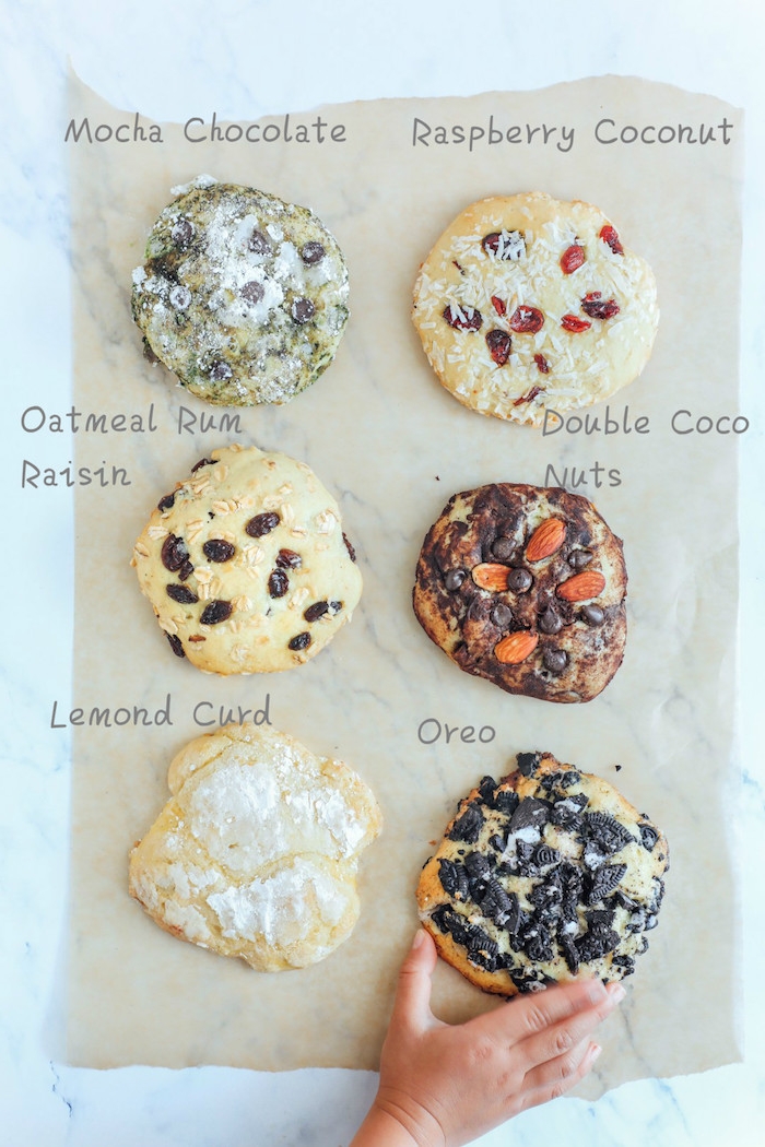 recette de cookie moelleux faicle 6 façons, mocha chocolate, framboises et coco, flacons d avoine et raisins, double choxolat et noix, citron et oreo