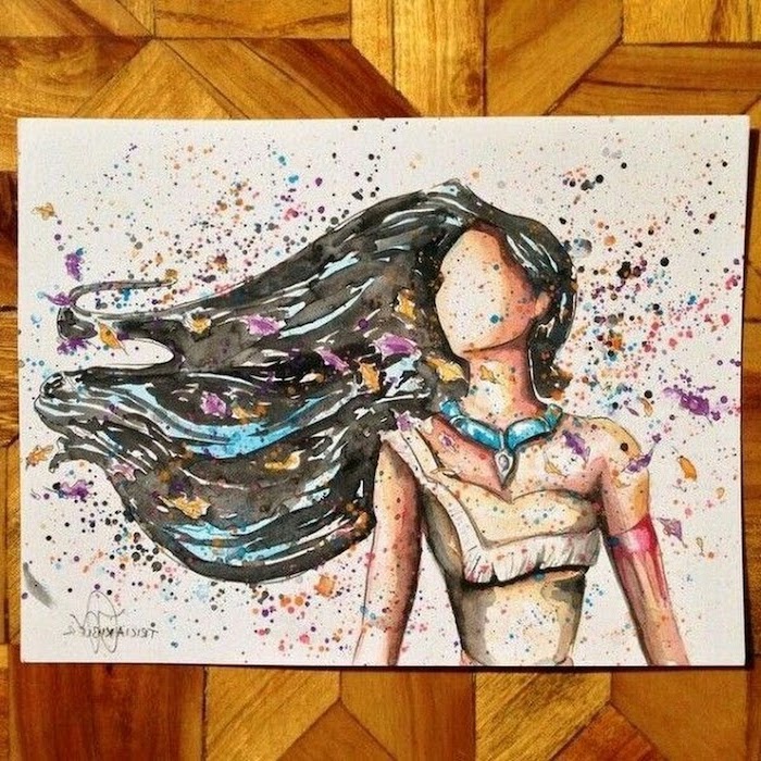 Pocahontas dessin aquarelle, dessin automne, coloriage automne, image automnale