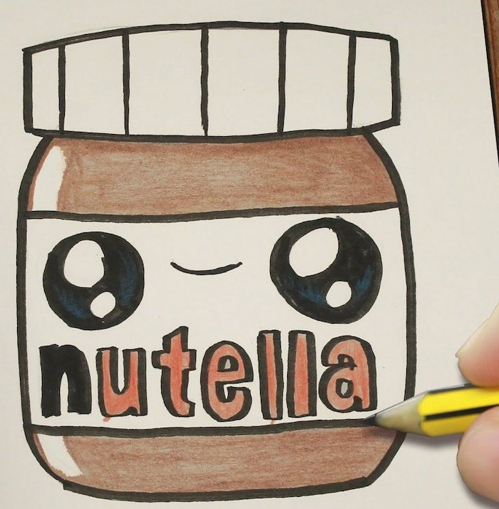 idee pour faire un dessin kawaii facile de pot de nutella marron avec étiquette aux yeux enormes