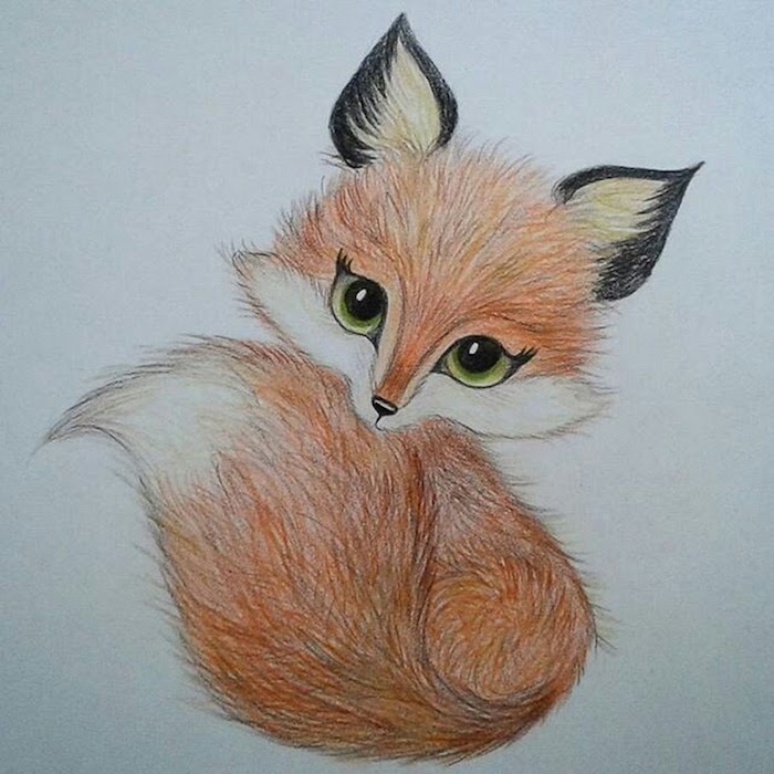 Dessin de renard adorable, idée animaux dessin automne crayons colorés, yeux verts comme d'une femme