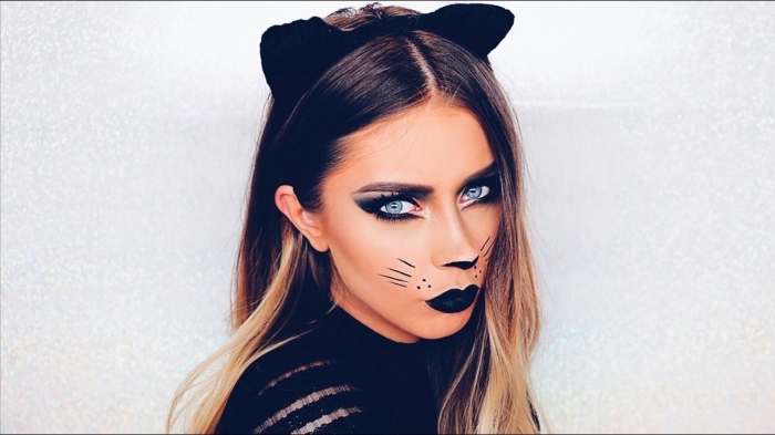 idée comment se déguiser pour halloween dernière minute, costume femme chat noir facile, maquillage chat noir