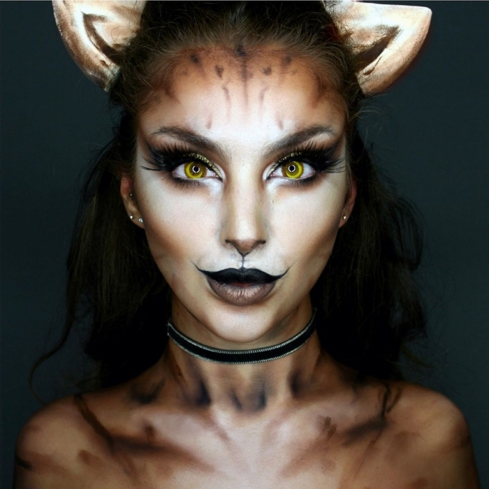 technique contouring visage pour faire un makeup halloween en chat, idée maquillage halloween femme en chat