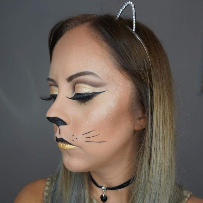 exemple maquillage de chat facile à réaliser à la maison, diy déguisement halloween facile de dernière minute