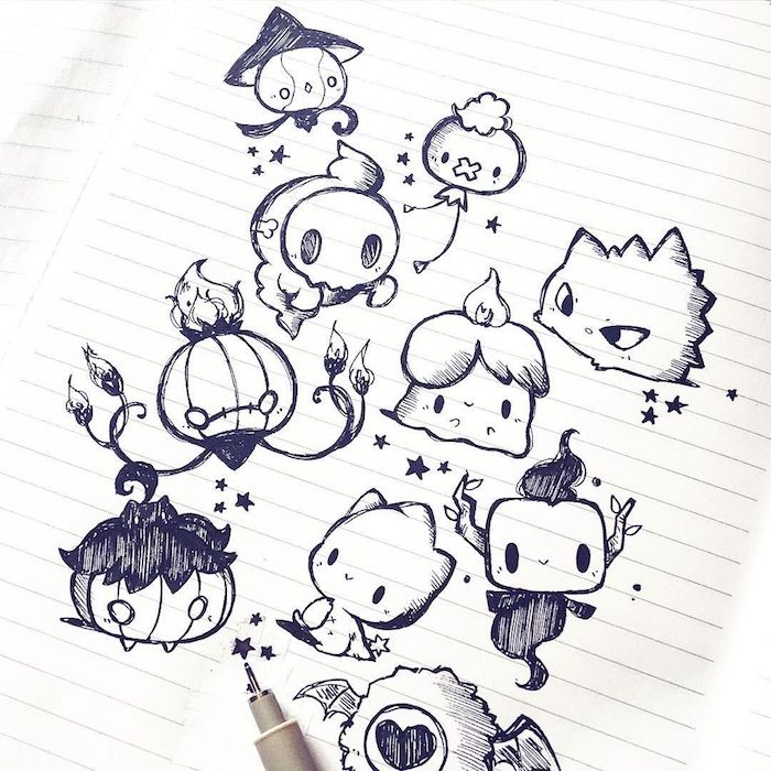 petits dessins mignons sur bout de papier de cahier, idees dessin creatures manga de fiction originales
