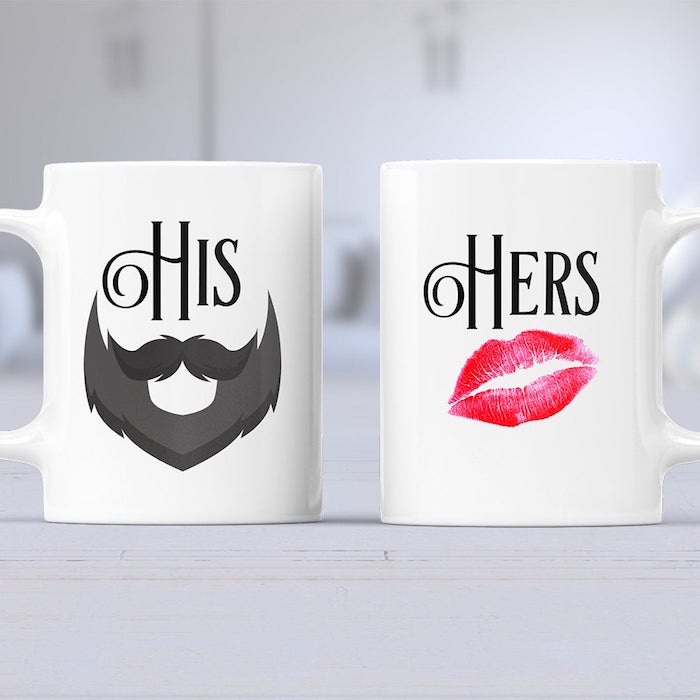 Tasse lui et elle, barbe et lèvres dessin sur tasse, cadeau romantique, idée de cadeau pour couple