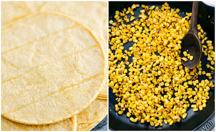 des tortillas mexicaines et du maïs poêlé, ingrédients pour une recette tacos rapide et facile