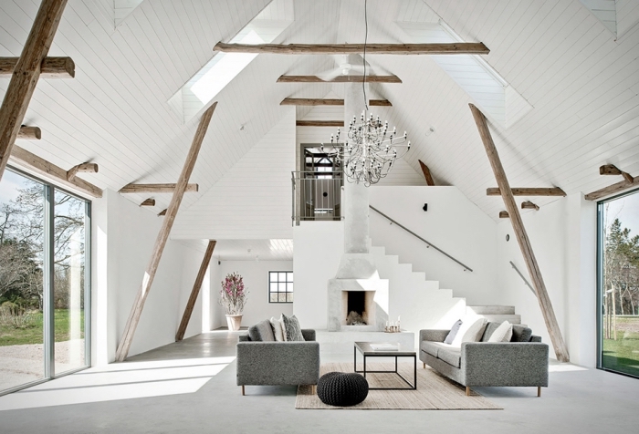 design intérieur style minimaliste dans un loft moderne, idée aménagement grange aux murs et plafond blancs avec sol ciment