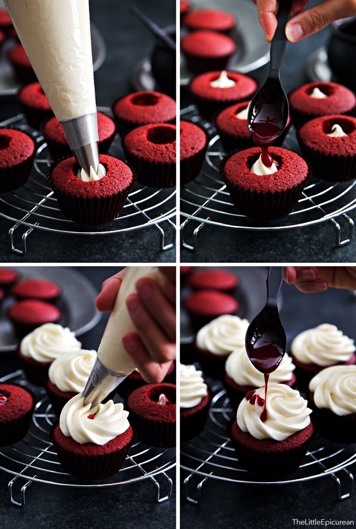 montage des cupcakes sanglants, recette halloween de cupcakes au glaçage de fromage à la crème et coulis de framboises