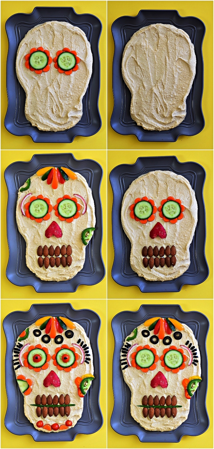 recette originale pour l'apero dinatoire halloween, tête de mort de houmous décorée avec crudités