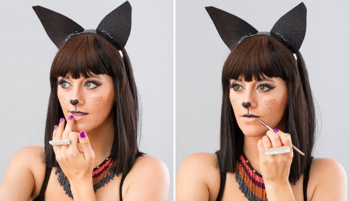 exemple comment dessiner sur son visage avec eyeliner ou crayon noir, faire un visage de chat pour maquillage halloween simple