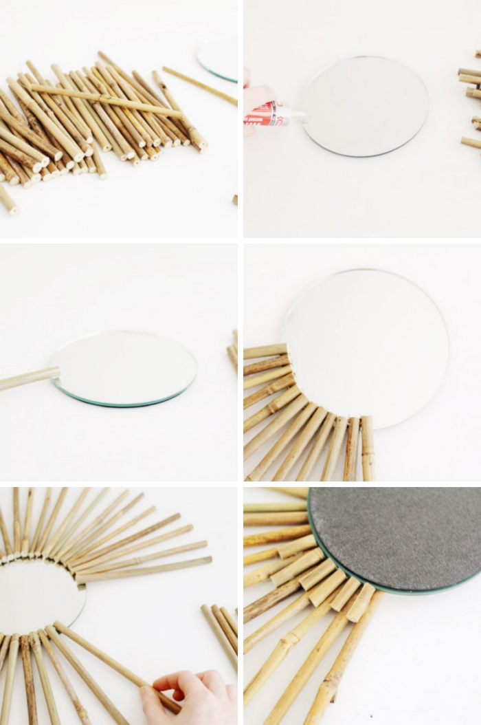 idée deco fait maison facile et rapide, pas à pas création miroir en forme de soleil avec bâtonnets de bambou