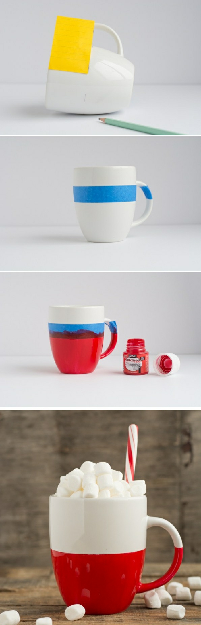 pas à pas comment personnaliser un mug, modèle de tasse blanche et rouge DIY, activité manuelle facile et rapide