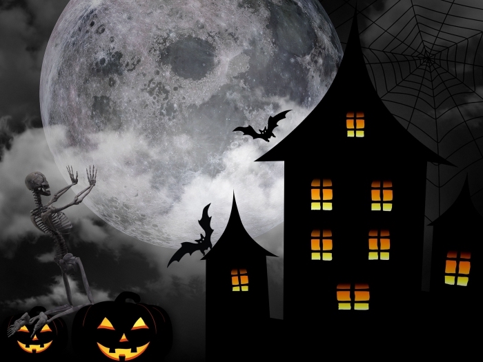 art digital paysage terrifiant pour Halloween, idée photo écran PC pour la fête de Halloween avec pleine lune et squelettes