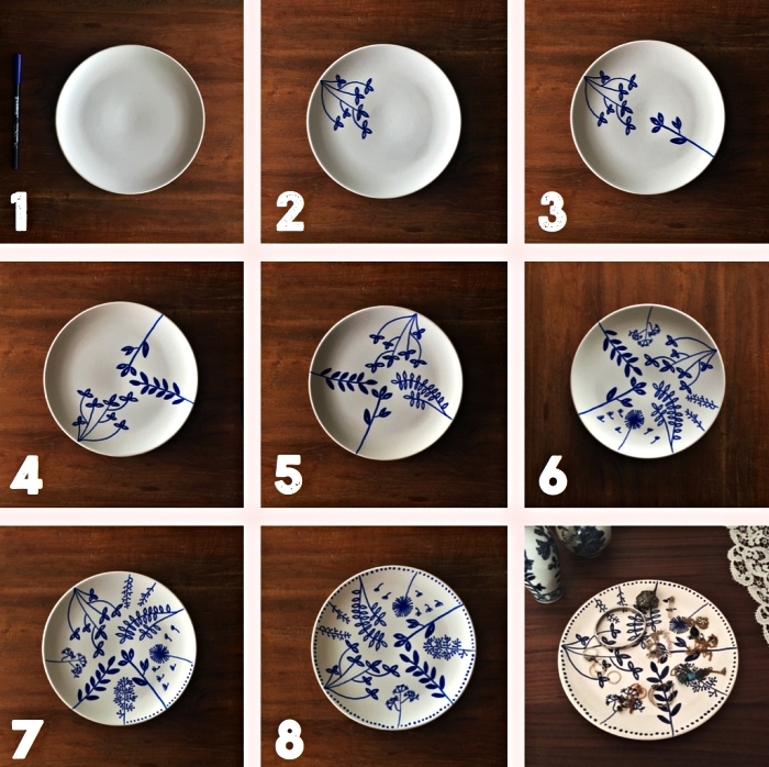 customiser une assiette blanche avec des motifs végétaux réalisés au feutre pour porcelaine