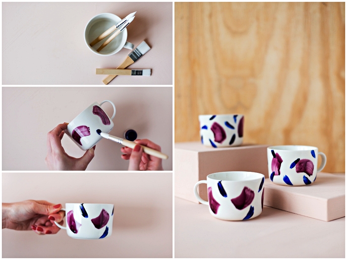 technique de peinture sur porcelaine à coups de pinceau, tasse à café personnalisée au design abstrait réalisé avec peinture pour porcelaine 