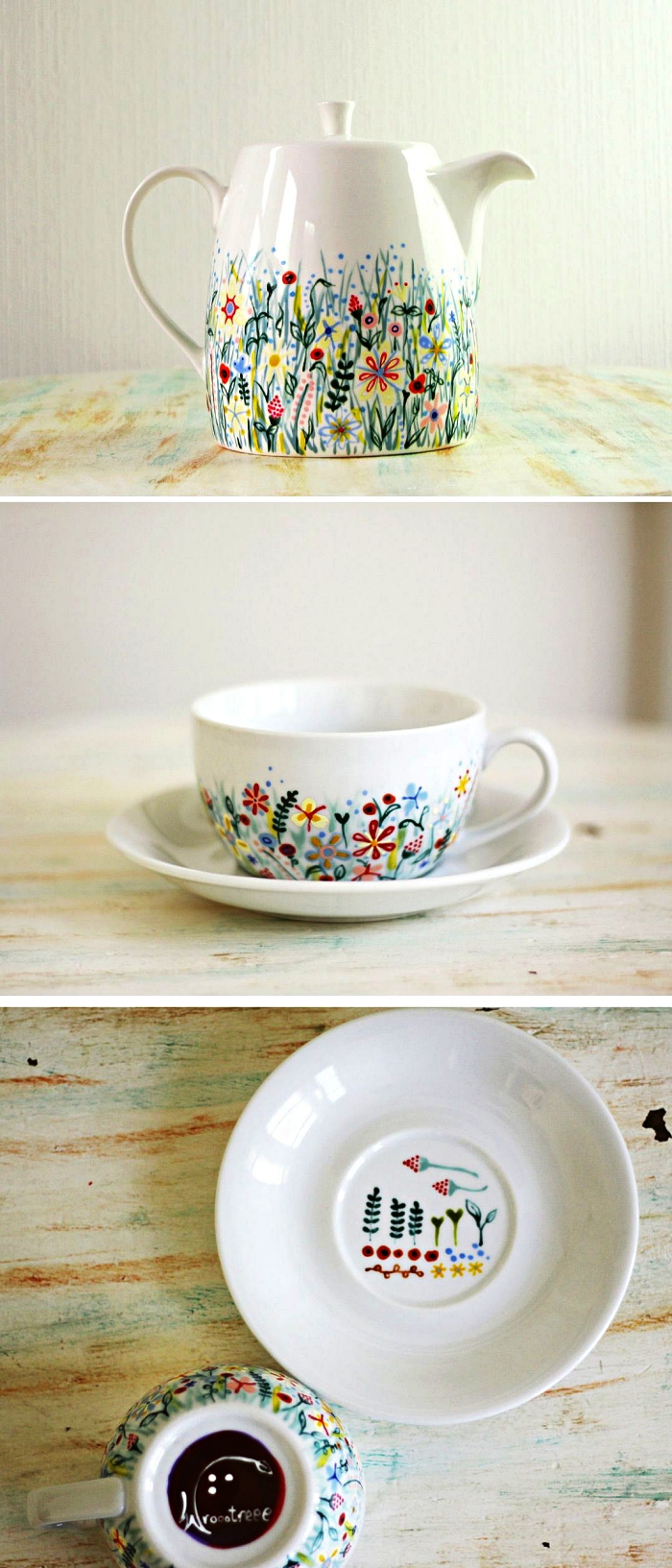 théière et tasse à café personnalisées avec des motifs floraux à la peinture porcelaine