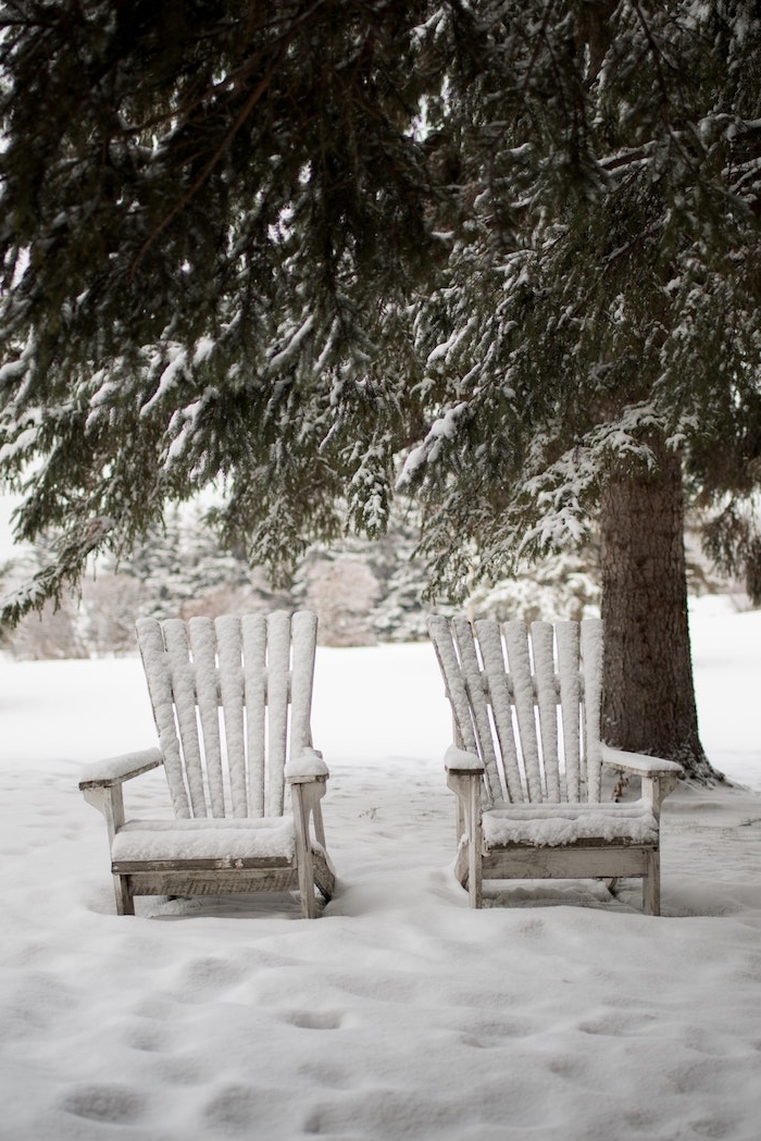 chaise longues en bois couvertes de neige eut sol enneigé au dessous d un sapin enneigé