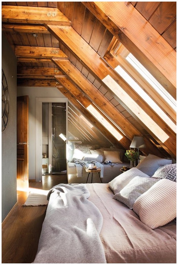 Fenêtre sur le toit chambre à coucher cosy, deco montagne chic, decoration bois chalet rustique