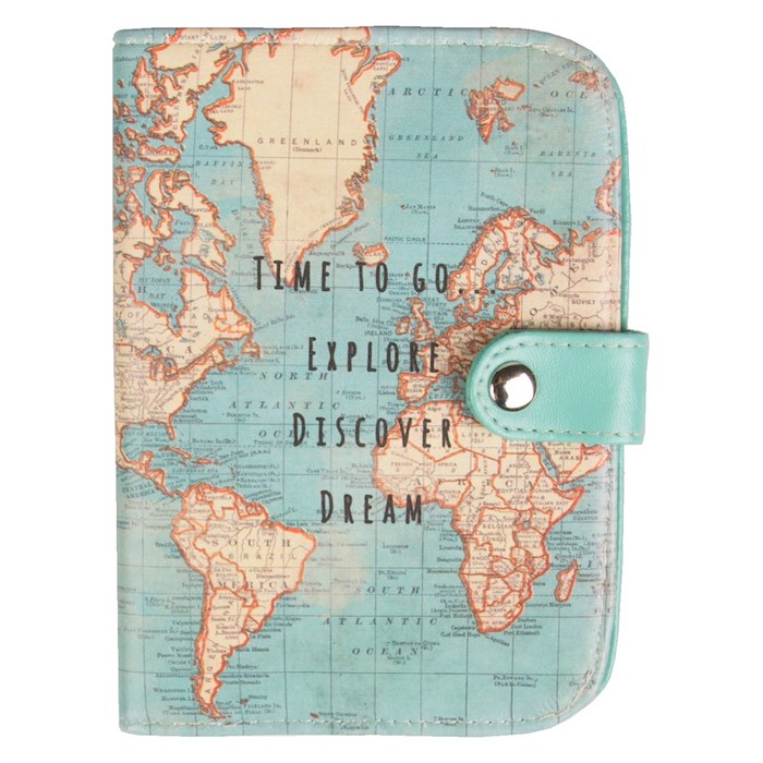 Porte monnaie et papiers avec le plan du monde en bleu et brune, les meilleures idées cadeau voyage, idee cadeau original