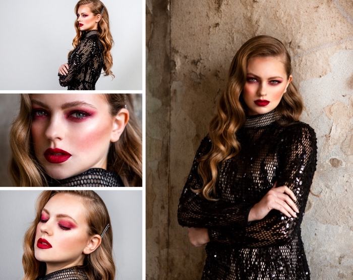 coiffure-cheveux-attachés-de-côté-boucles-rétro-déguisement-milkandblush-vampire-femme-robe-de-soirée-fards-à-paupières-rouge réaliser un maquillage vampire femme stylé, idée makeup vampire aux yeux et bouches rouge, exemple de déguisement halloween femme