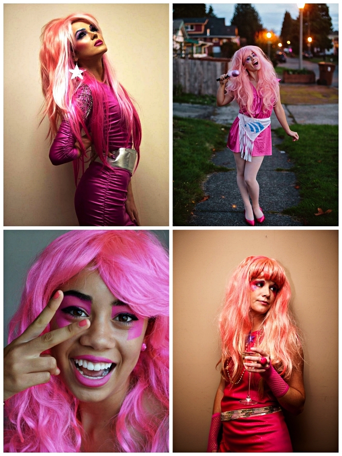 deguisement rock femme des années 80, costume de jem et les hologrammes composé de robe rose fluo et d'une perruque rose