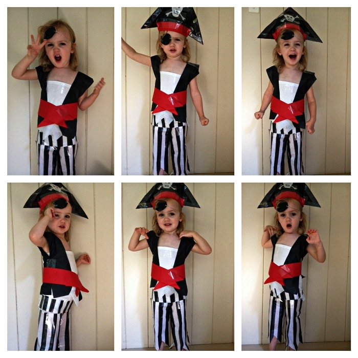 idee deguisement halloween enfant pirate, costume de pirate pour enfant à faire soi-même, chapeau et costume de pirate réalisés avec du scotch électrique