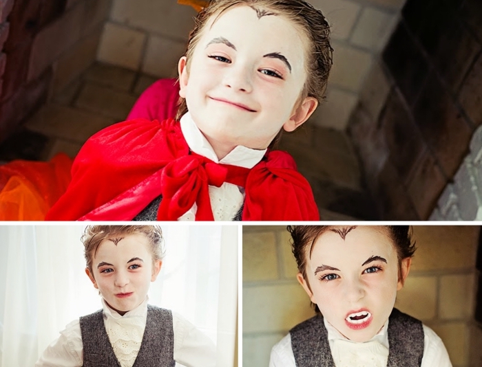 costume-garçon-halloween-idée-maquillage-dracula-themoonlitnest-facile-maquillage-à-faire-maison-vampire-homme-gilet-gris-chemise-blanche idée déguisement et maquillage dracula pour petit garçon, exemple de maquillage simple halloween de dernière minute