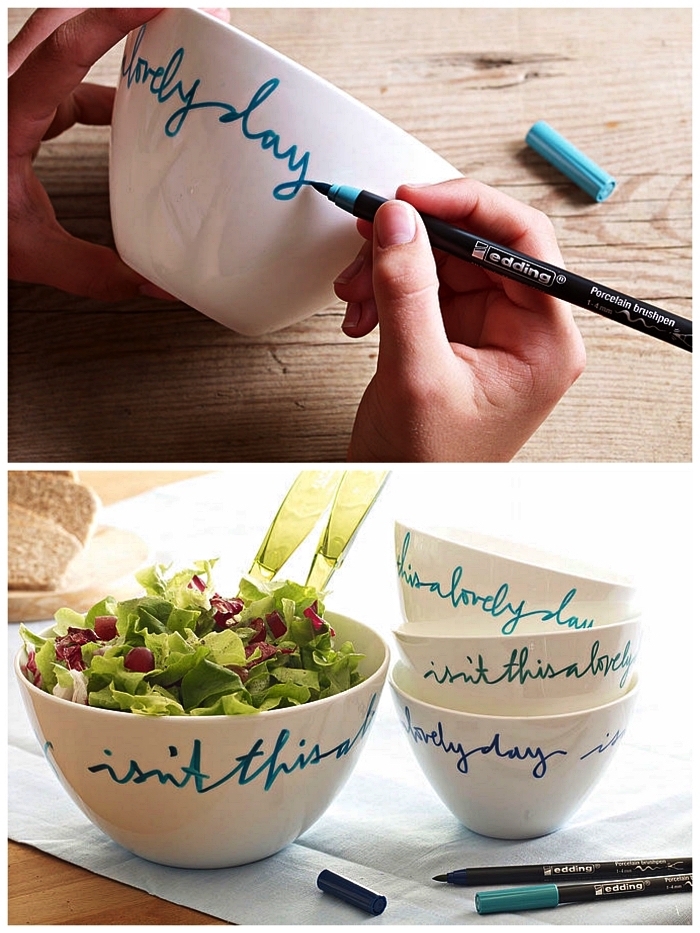 écrire sur des bols avec du feutre pour porcelaine, idées pour personnaliser sa vaisselle blanche