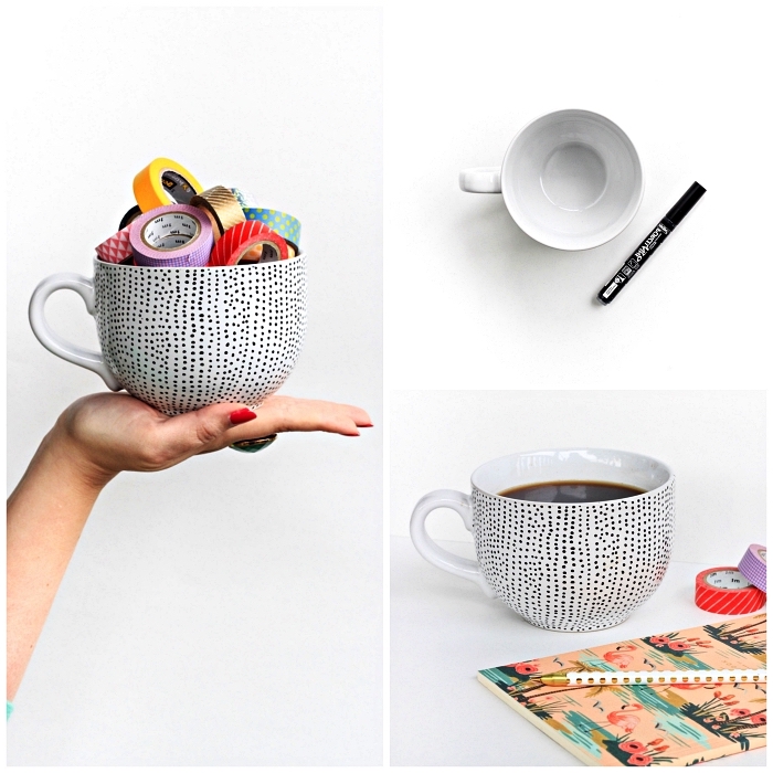 personnaliser un mug avec un feutre pour porcelaine, mug personnalisé à design pois noirs au feutre à porcelaine