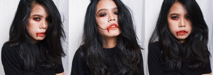 déguisement-femme-halloween-en-vampire-cheveux-noirs-lâchés-maquillage-halloween-facile-rouge-à-lèvre-rouge-vampire idée tuto maquillage halloween à essayer soi-même, technique makeup vampire pour halloween avec bouche sanglante