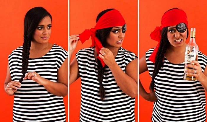 idée de deguisement pirate à faire soi-même, costume de pirate femme composé d'un t-shirt rayé, d'un cache-oeil pirate et d'un foulard rouge