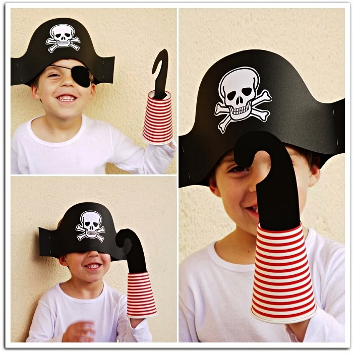 accessoires de pirate pour un costume garçon de dernière minute, chapeau de pirate et crochet réalisés en papier