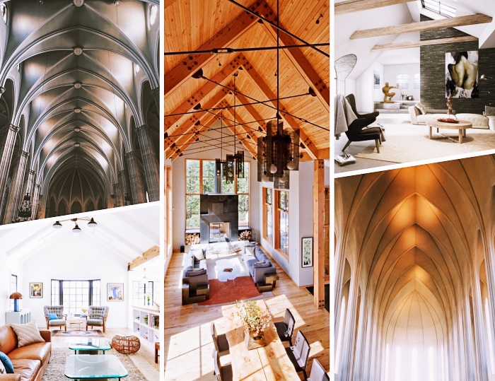 comment réaliser une deco salon cosy moderne, modèle de plafond haut à design cathédrale avec une ou deux pentes