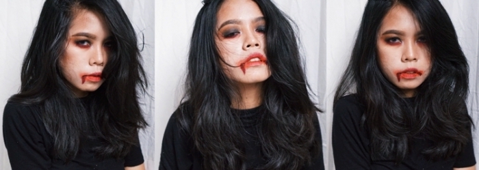 idée tuto maquillage halloween à essayer soi-même, technique makeup vampire pour halloween avec bouche sanglante