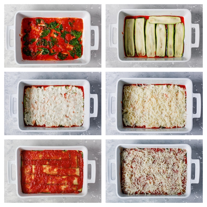 comment préparer lasagne végétarienne maison sans pâte, repas équilibré avec des tranches de courgette, sauce tomate, épinards et fromages