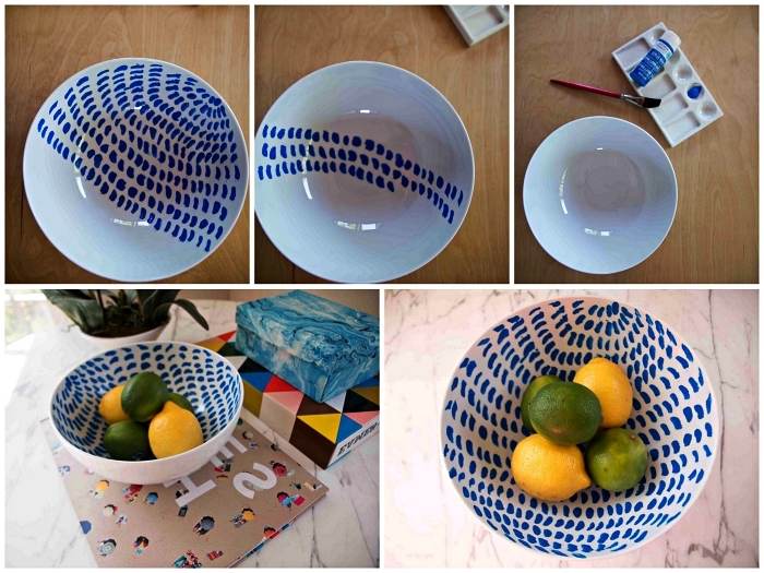 touches de peinture céramique bleue pour personnaliser un bol en porcelaine, idées créatives pour personnaliser sa vaisselle