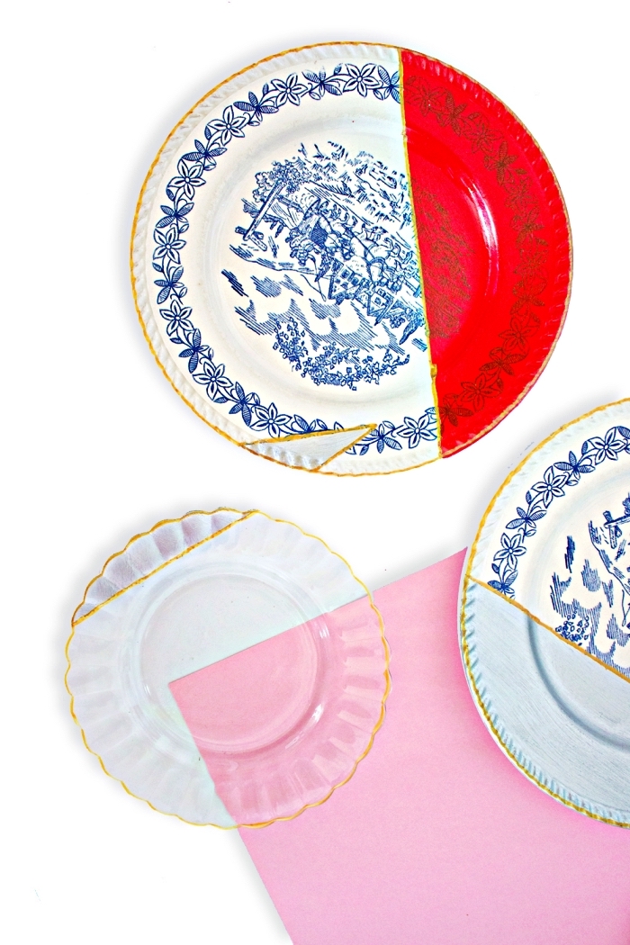 assiettes vintage en porcelaine à motifs géométriques peints, customiser l'ancienne vaisselle avec de la peinture à porcelaine