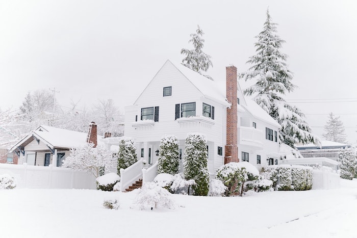 paysage d hiver americain, deux maisons blanches style americain avec des arbustes et sapins enneigés autour, couche épaisse de neige
