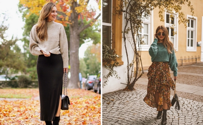tenue classe femme automne 2019, idée look casual chic en pull beige combiné avec une jupe noire avec fente