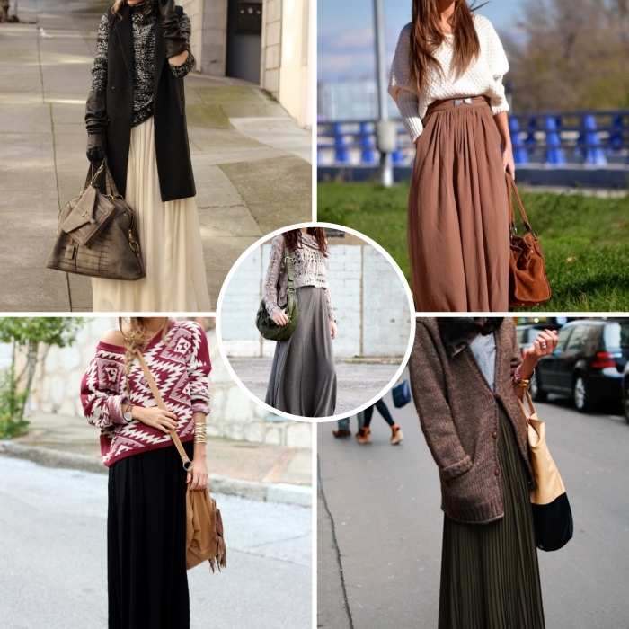comment porter une jupe longue plissée, tenue femme en jupe longue couleur marron avec pull-over blanc et sac à main velours marron