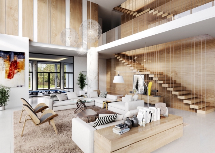 idée amenagement salon contemporain en blanc et bois avec escalier moderne, design intérieur style contemporain