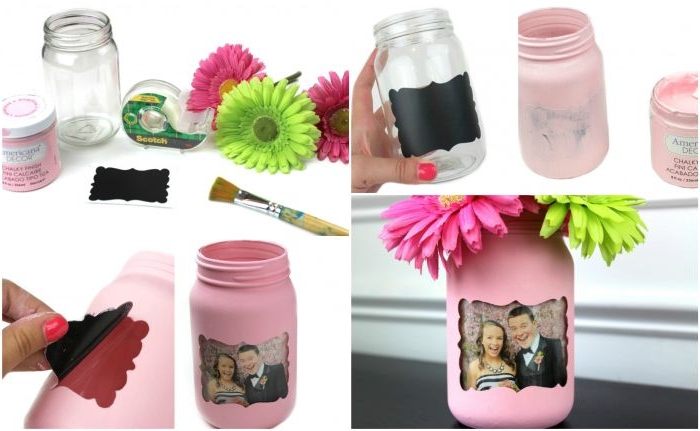 bricolage facile avec bocaux en verre, détourner un pot en verre en porte photo, cadre photo en bocal verre peint en rose