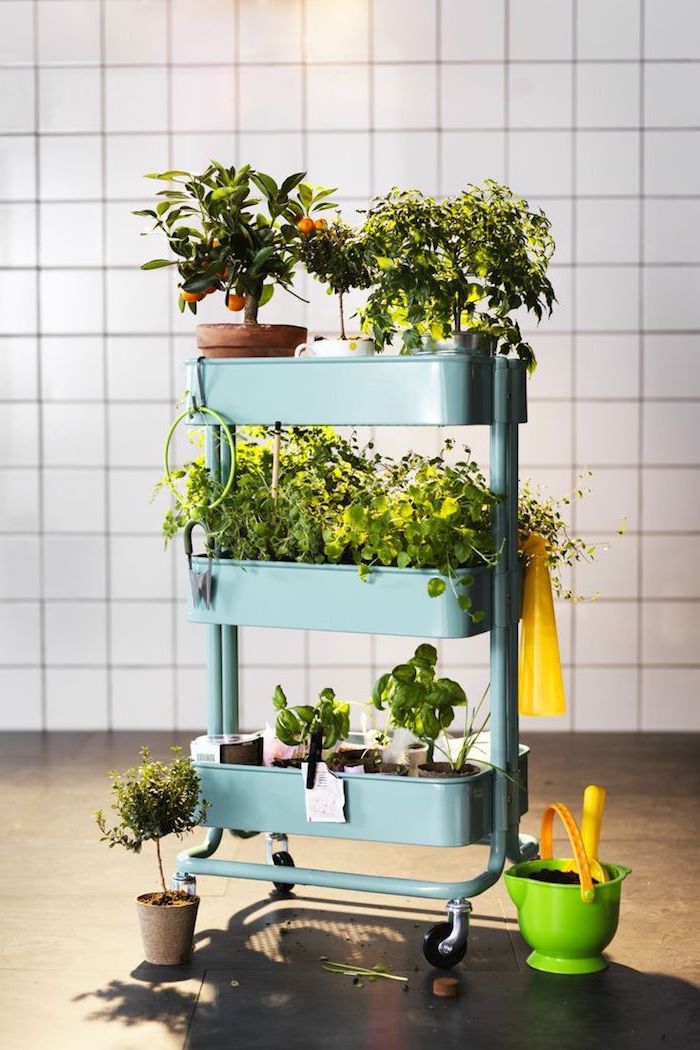 ikea etagere meuble raskog pour ranger plantes vertes interieur, idee de rangement amovible à roulettes