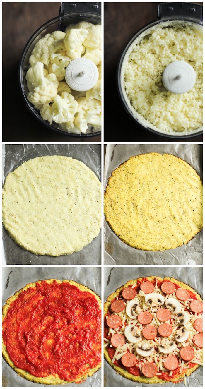 recette pate a pizza maison au chou fleur avec toppings de sauce tomate, chorizo, champignons et fromages