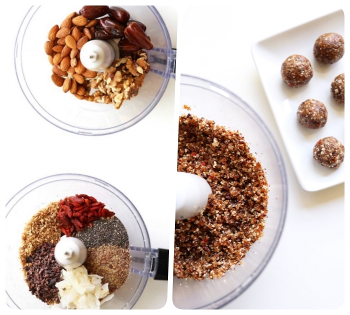 idée de diète cétogène dessert de boules energie aux graines de chia, noix de coco, dattes et baies de goji