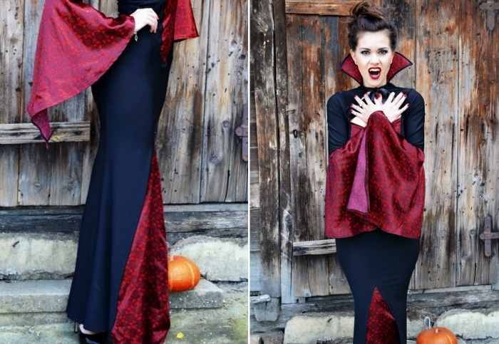 robe-de-soirée-rouge-et-noire-cape-rouge-et-noir-femme-idée-déguisement-halloween-femme-en-vampire-maquillage-halloween-facile tenue vampire pour femme avec robe longue et cape, idée maquillage halloween facile faire maison avec rouge à lèvre rouge et yeux smoky