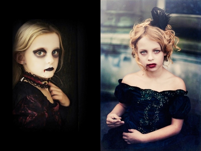 idée maquillage halloween facile pour enfant, peinture visage blanc et yeux sombres pour un makeup vampire fille