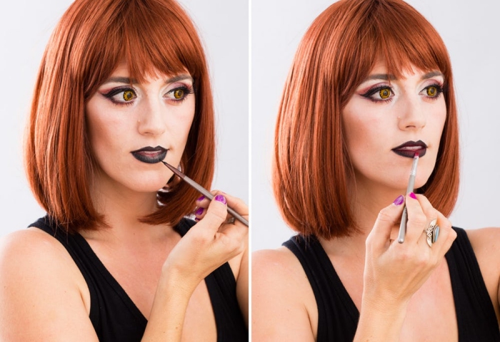 rouge-à-lèvre-noir-pinceau-fards-à-paupières-tuto-maquillage-halloween-femme-vampire-eyeliner-noir-application-makeup-femme-halloween Déguisement et maquillage vampire pour un look d’Halloween facile de dernière minute